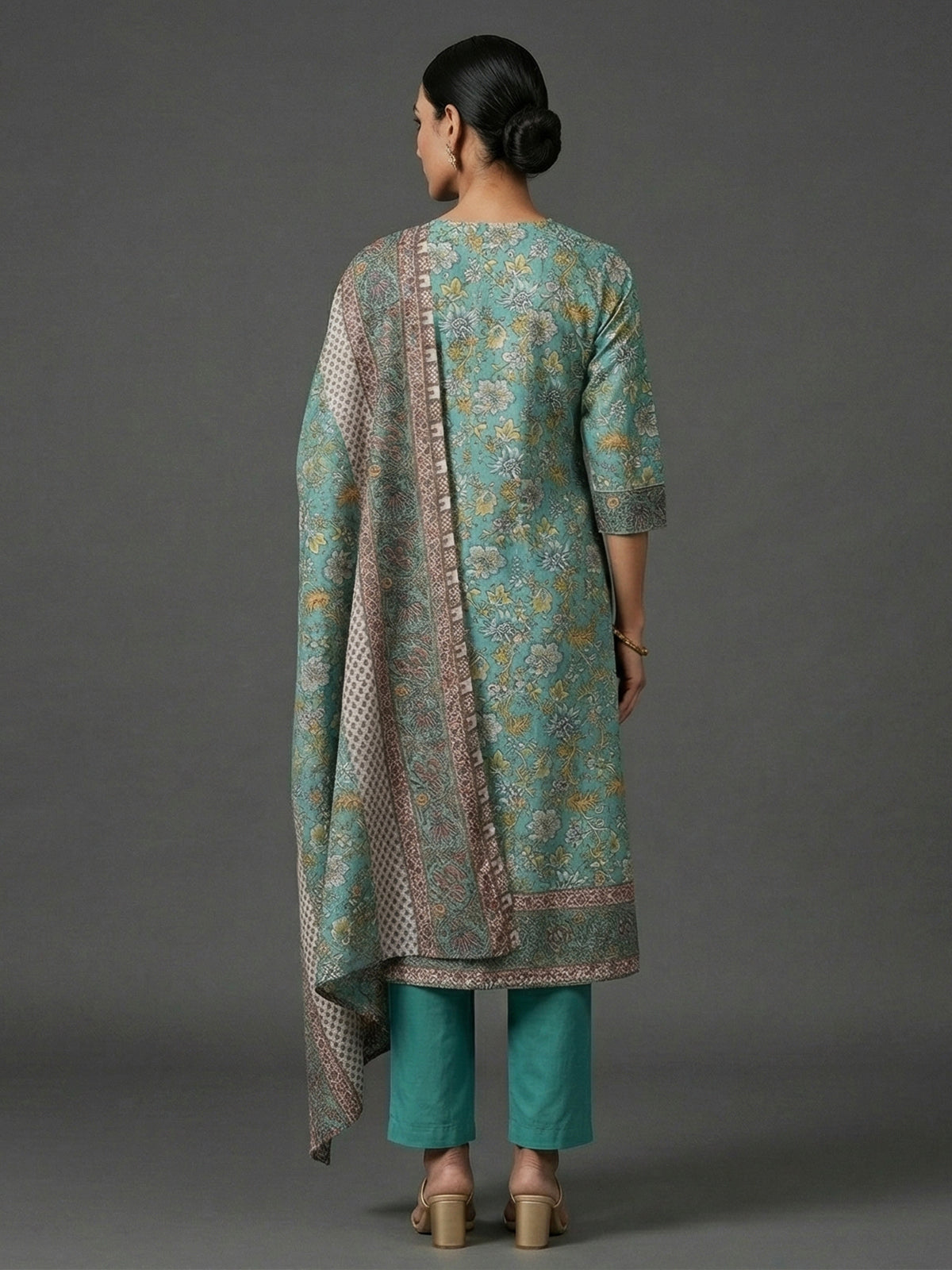 Mint blue cotton silk yoke style printed festive kurti set