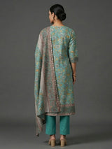Mint blue cotton silk yoke style printed festive kurti set