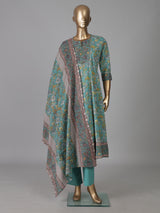 Mint blue cotton silk yoke style printed festive kurti set