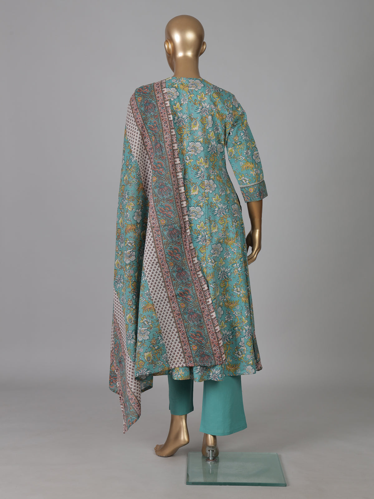 Mint blue cotton silk yoke style printed festive kurti set