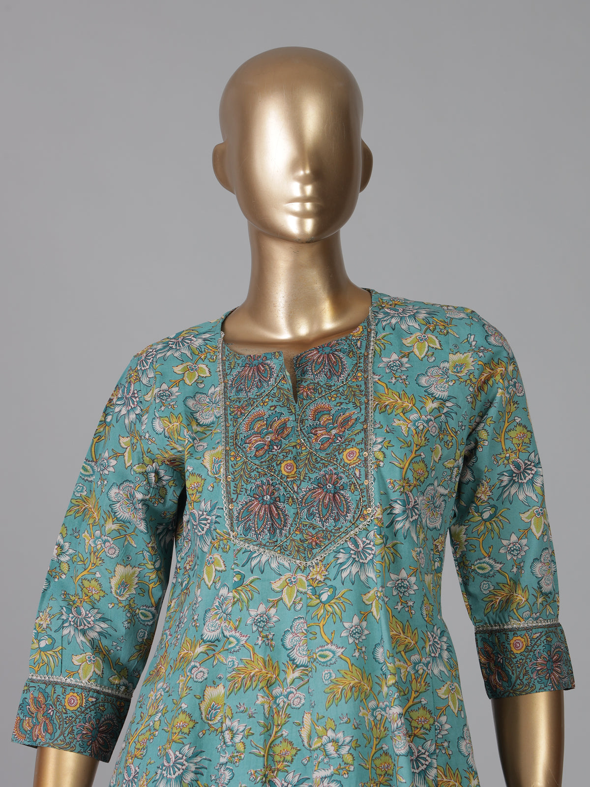 Mint blue cotton silk yoke style printed festive kurti set