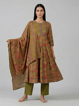 Mehendi green cotton kurti set with printed dupatta