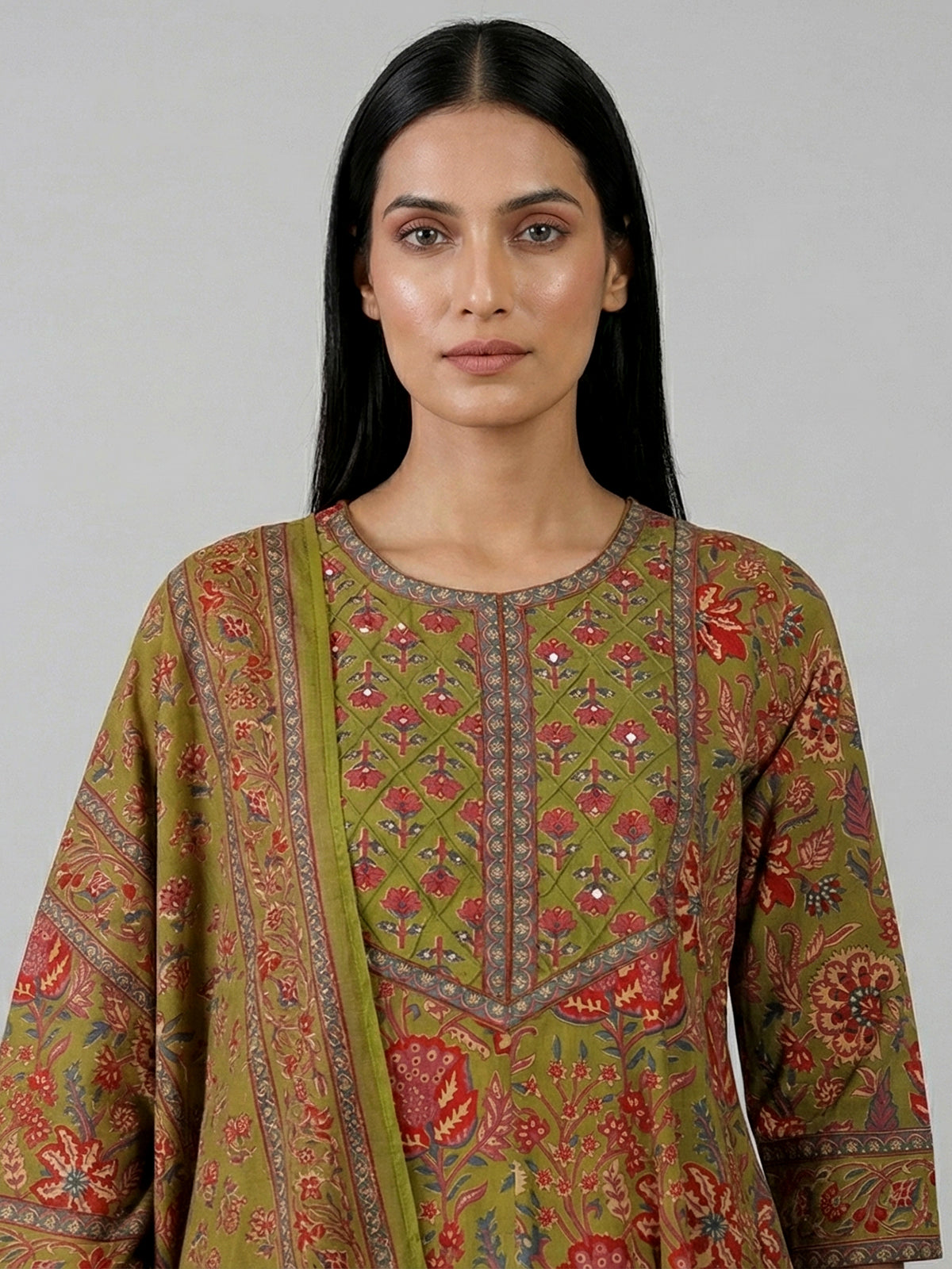Mehendi green cotton kurti set with printed dupatta
