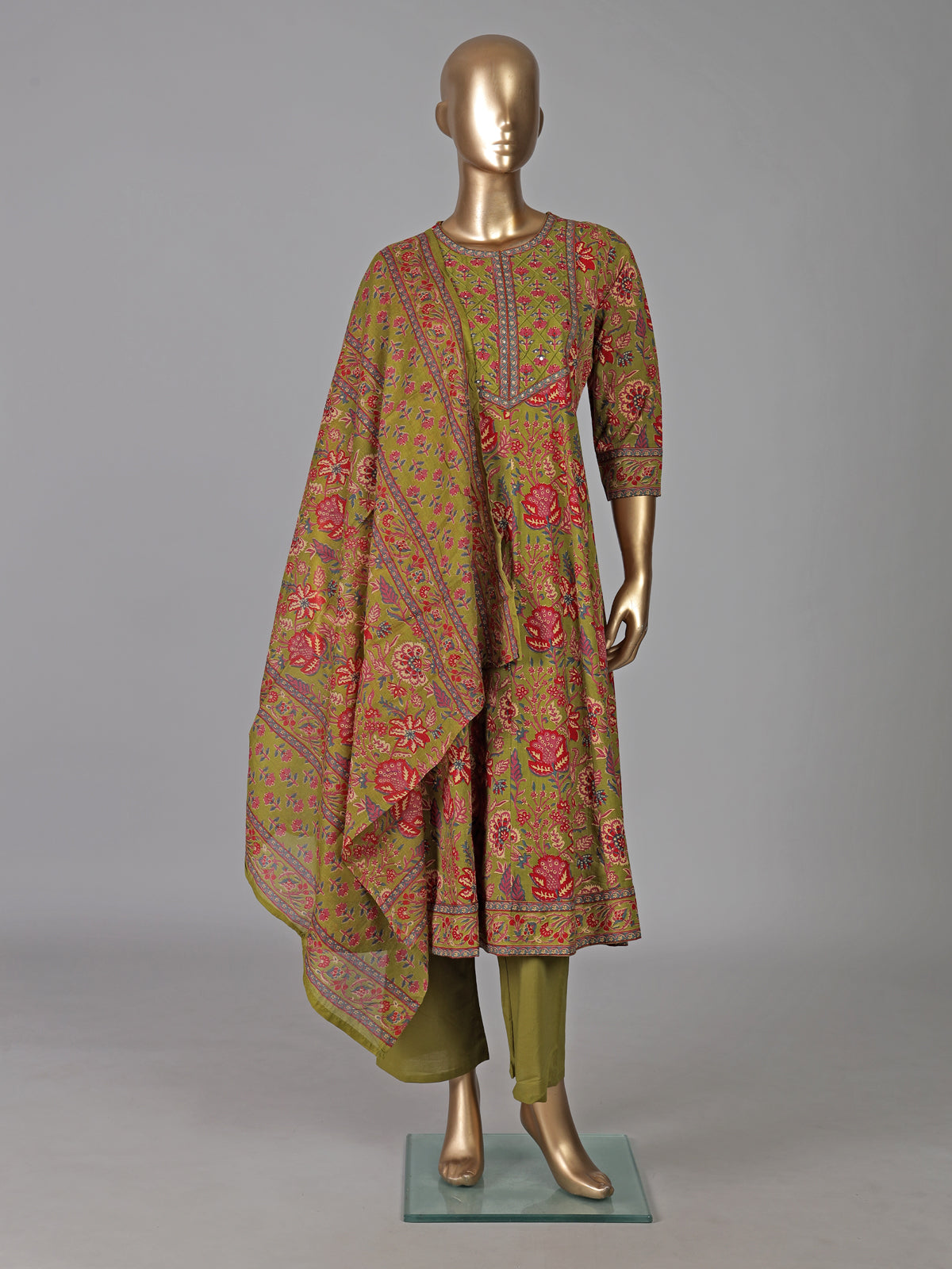 Mehendi green cotton kurti set with printed dupatta