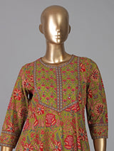 Mehendi green cotton kurti set with printed dupatta