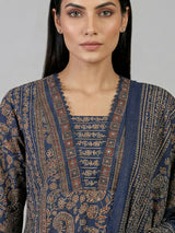 Navy printed cotton kurti set with dupatta for women