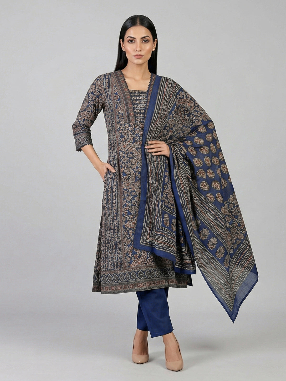Navy printed cotton kurti set with dupatta for women