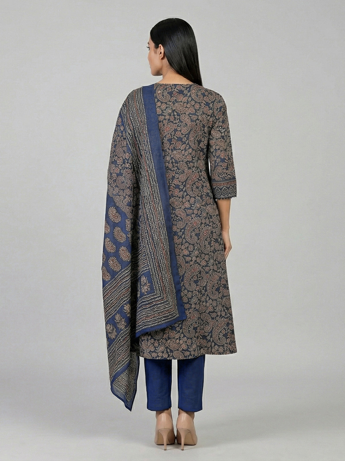 Navy printed cotton kurti set with dupatta for women