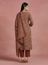 Brown cotton printed kurti set with dupatta