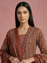 Brown cotton printed kurti set with dupatta