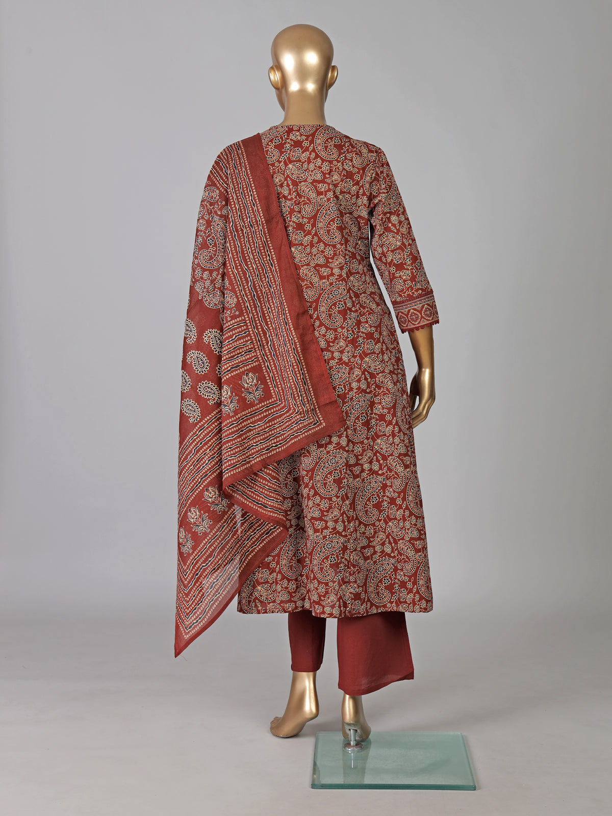 Brown cotton printed kurti set with dupatta
