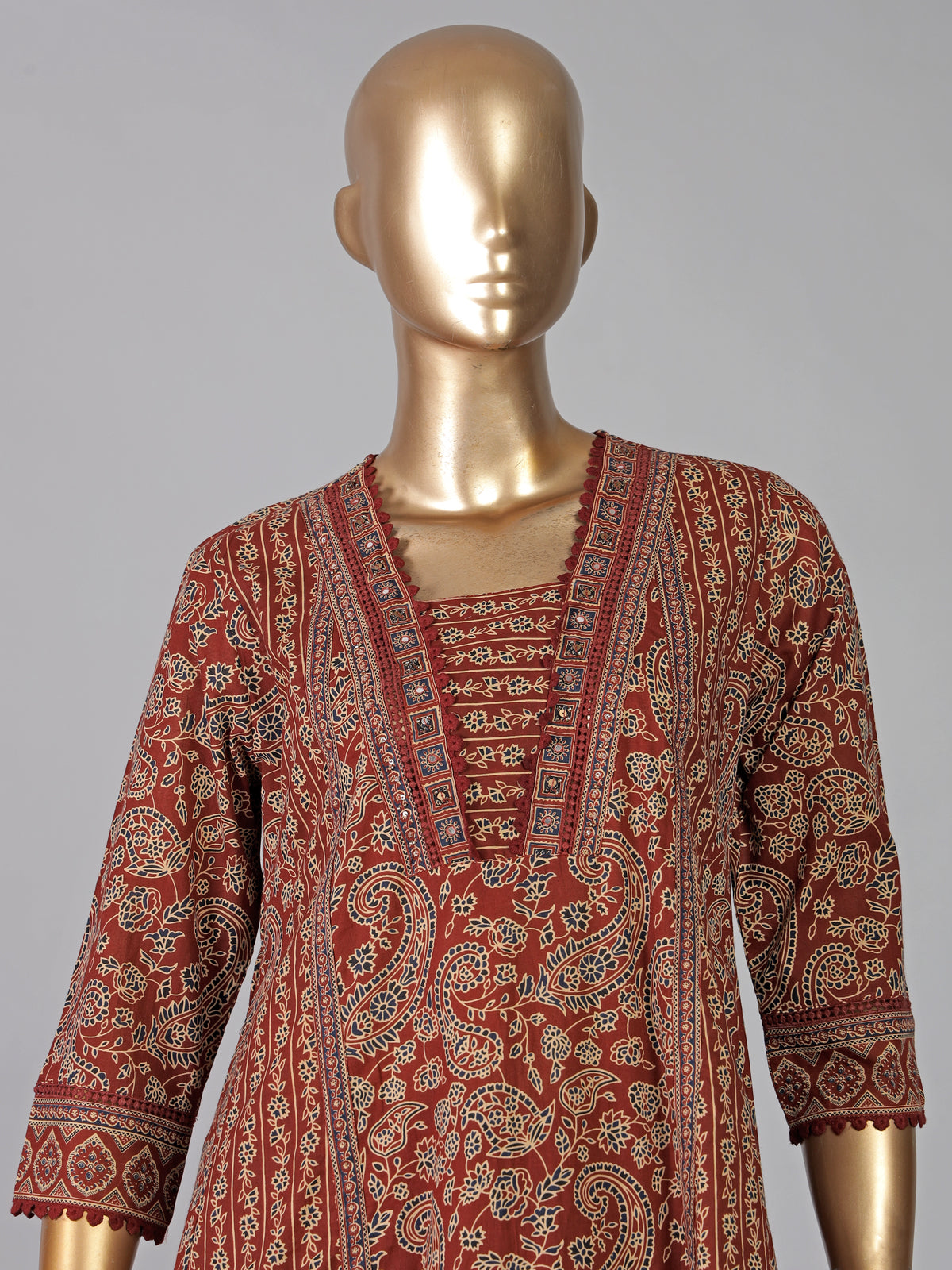 Brown cotton printed kurti set with dupatta