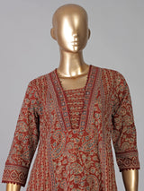 Brown cotton printed kurti set with dupatta