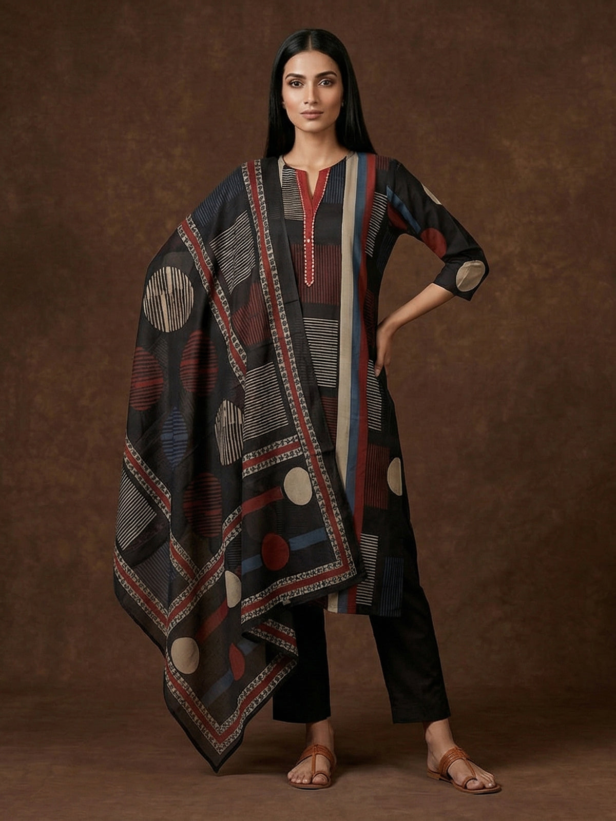 Black straight cut cotton kurti set