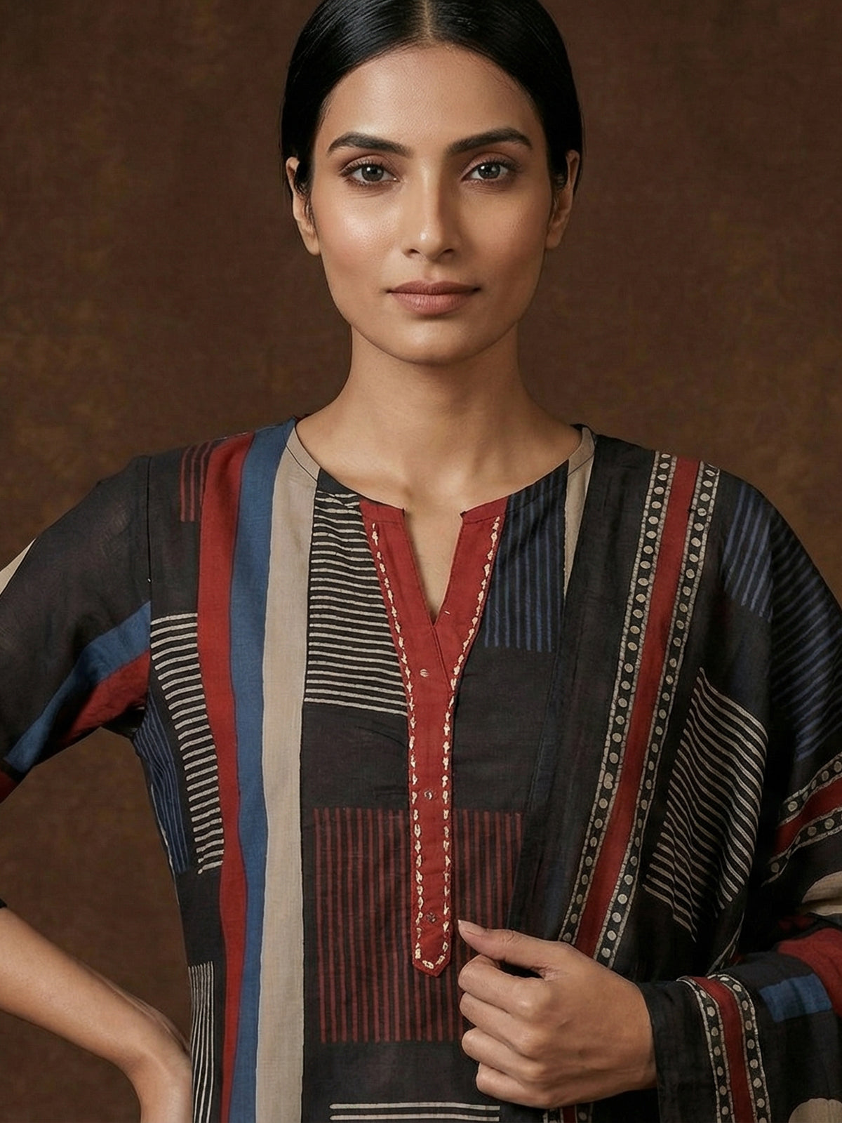Black straight cut cotton kurti set