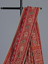 Crimson maroon art patola silk saree with embellished detailing