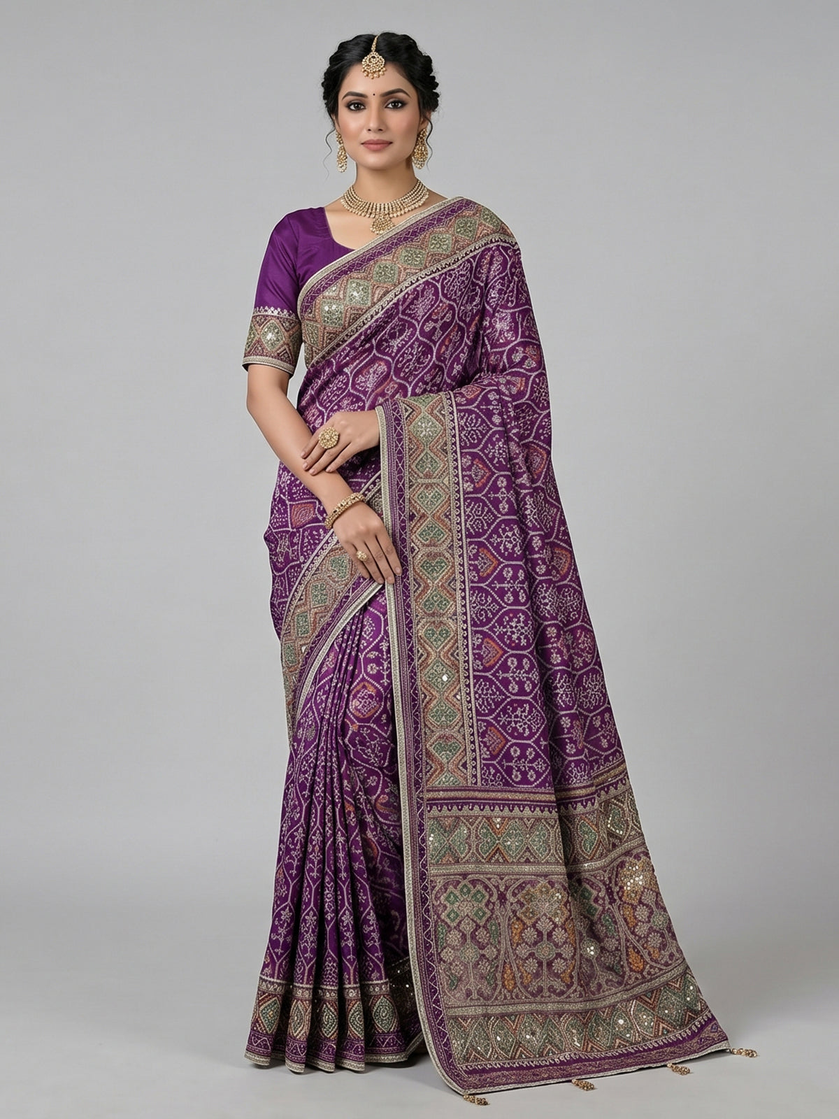 Regal purple art patola silk saree with embellished geometric weave