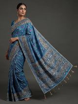 Blue art patola silk saree with ajrakh inspired motifs