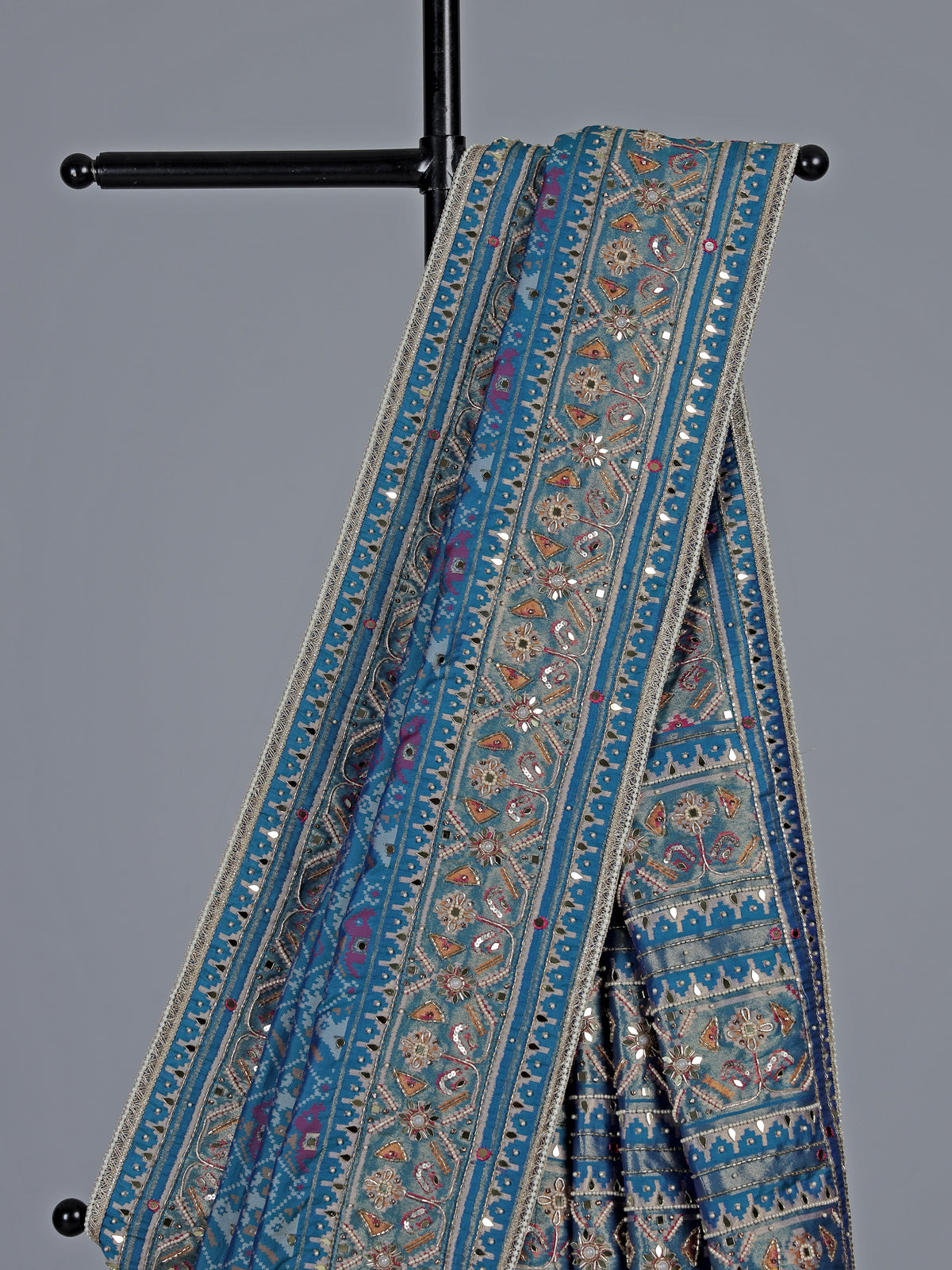 Blue art patola silk saree with ajrakh inspired motifs
