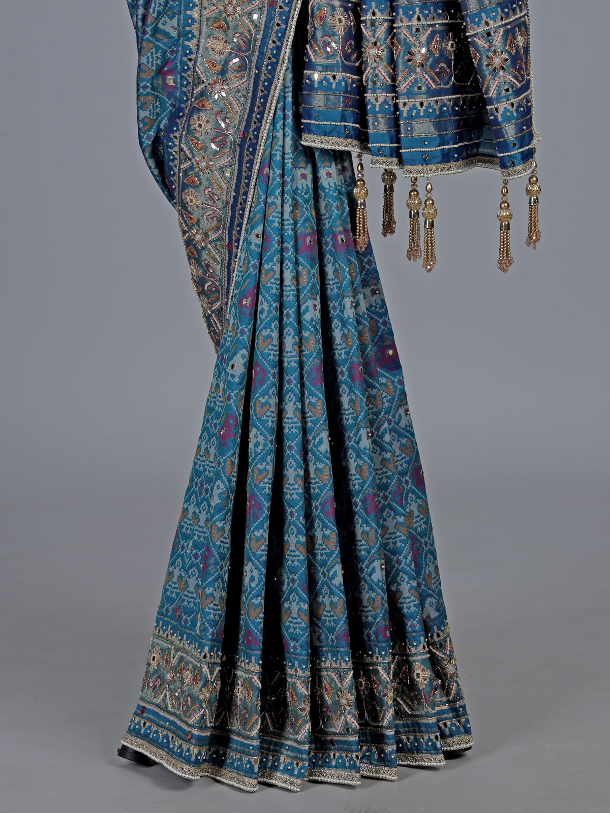 Blue art patola silk saree with ajrakh inspired motifs