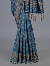 Blue art patola silk saree with ajrakh inspired motifs