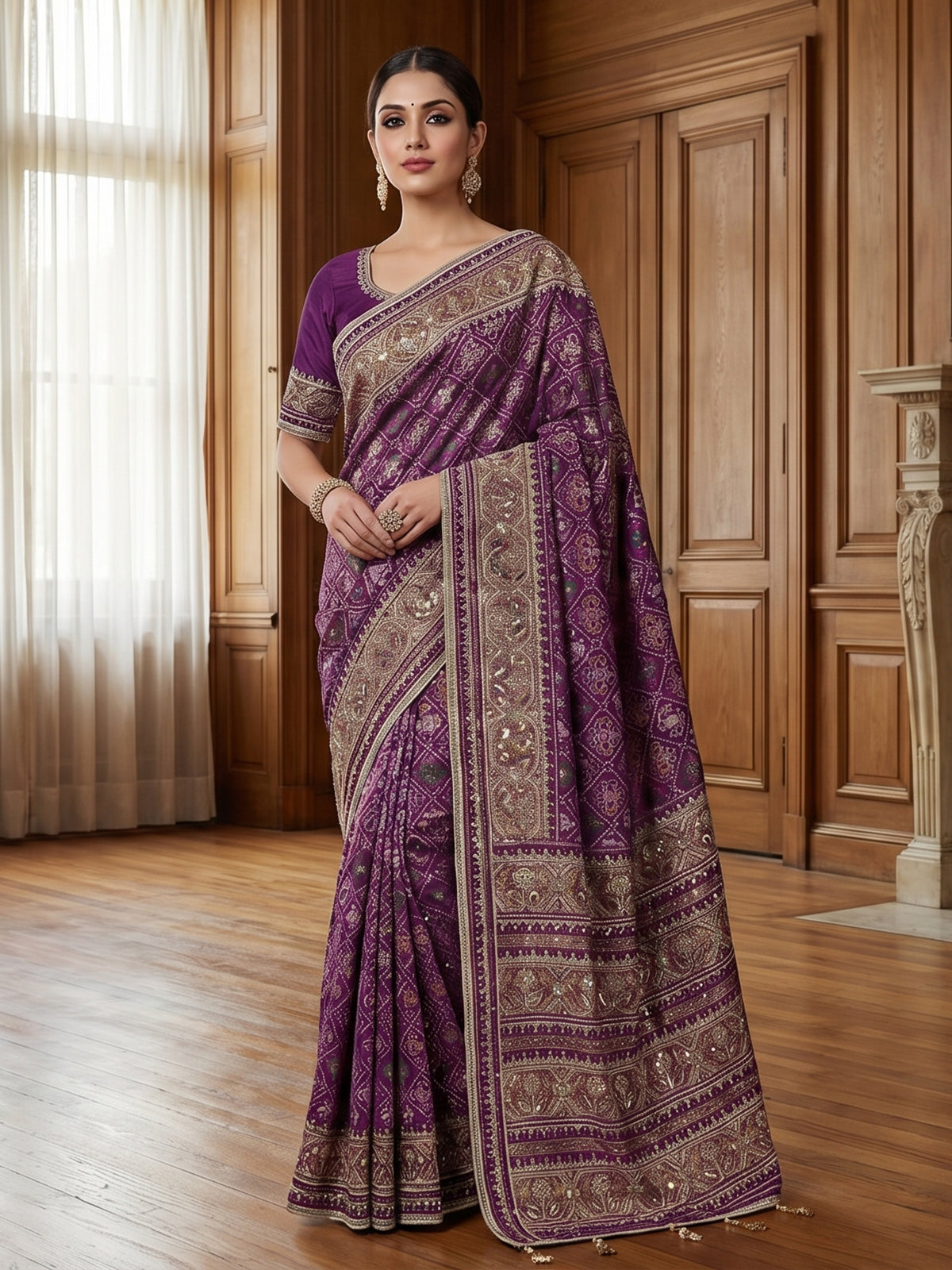 Purple art patola silk saree with ajrakh inspired detailing