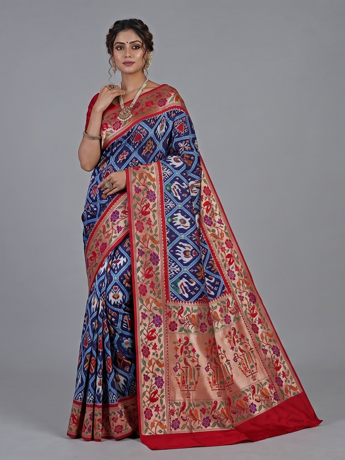 Navy blue pure banarasi silk saree with meenakari accents