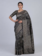 Black banarasi silk saree with geometric zari weave
