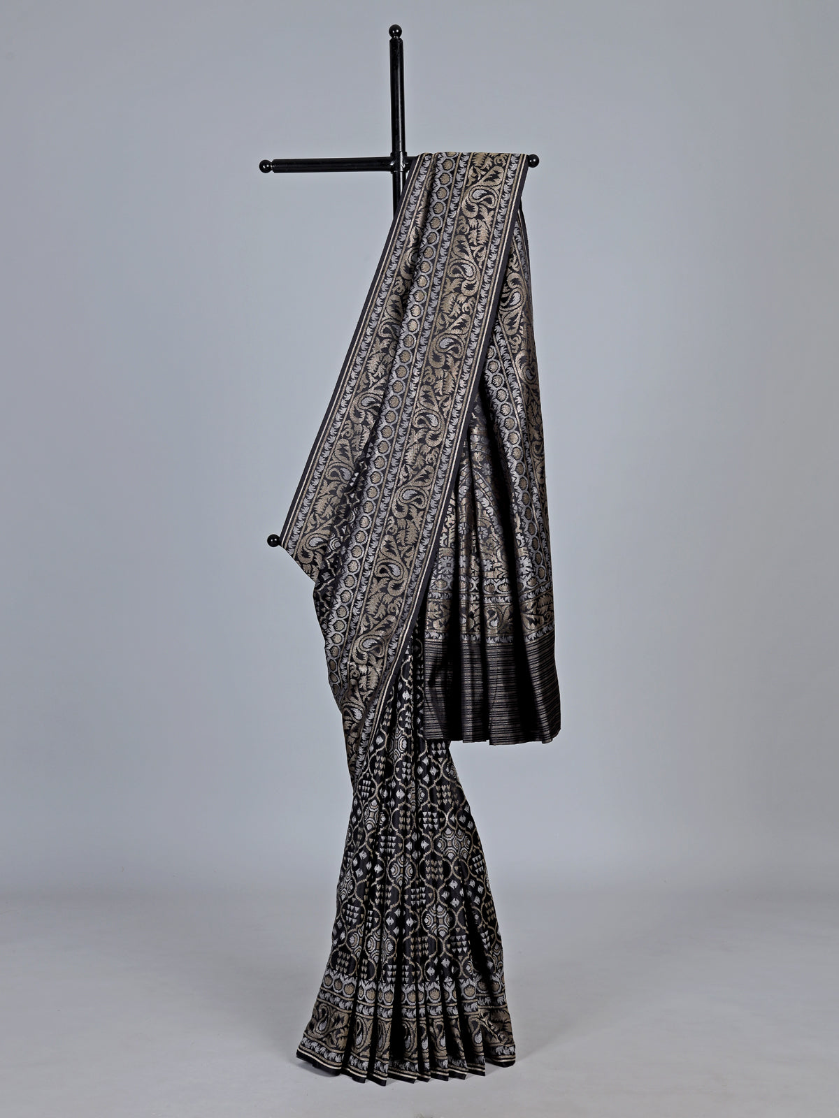 Black banarasi silk saree with geometric zari weave