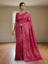 Rani pink banarasi silk saree with floral zari artistry
