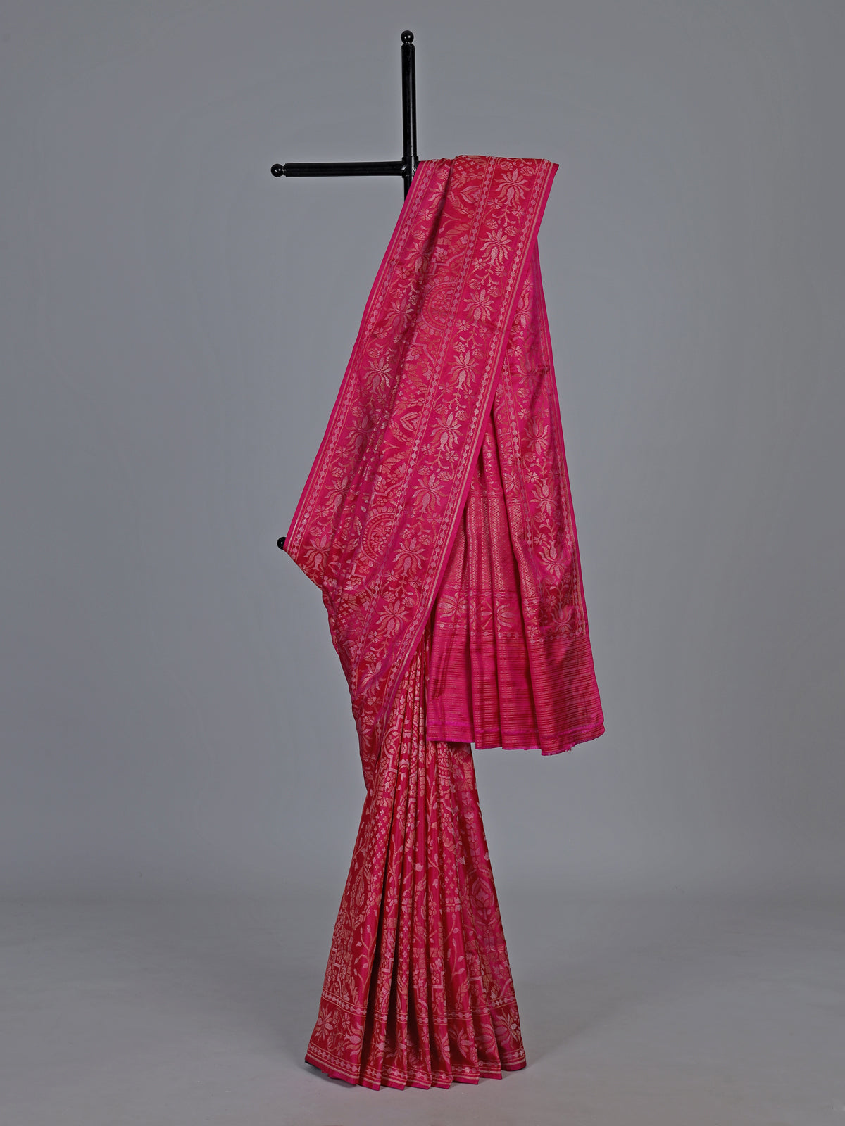 Rani pink banarasi silk saree with floral zari artistry