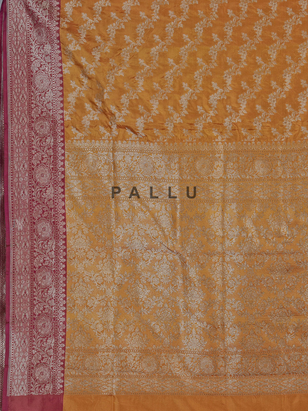 Mustard yellow banarasi silk saree with magenta zari border