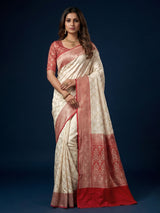 Off white banarasi silk saree with delicate zari detailing