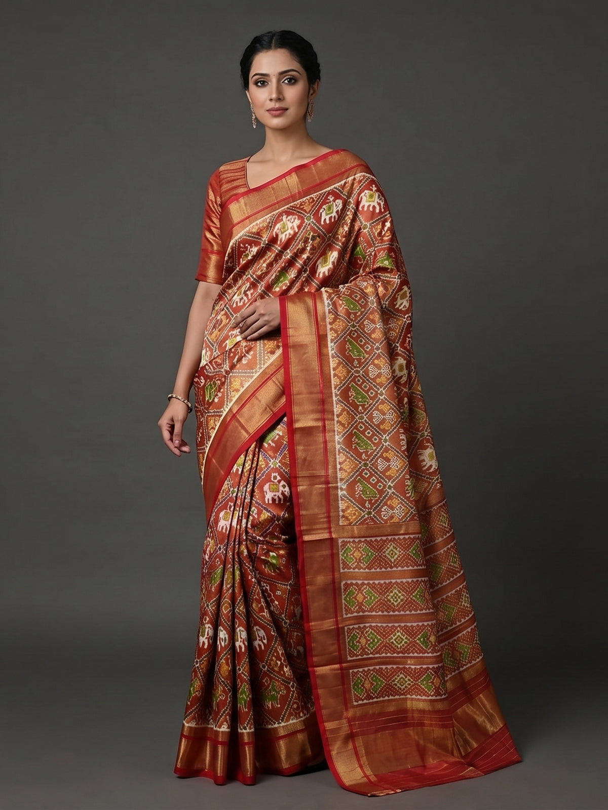 Light brown hyderabadi patola silk saree with heritage motifs