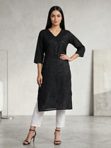 Black cotton silk embroidered work straight cut kurti