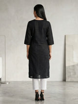 Black cotton silk embroidered work straight cut kurti