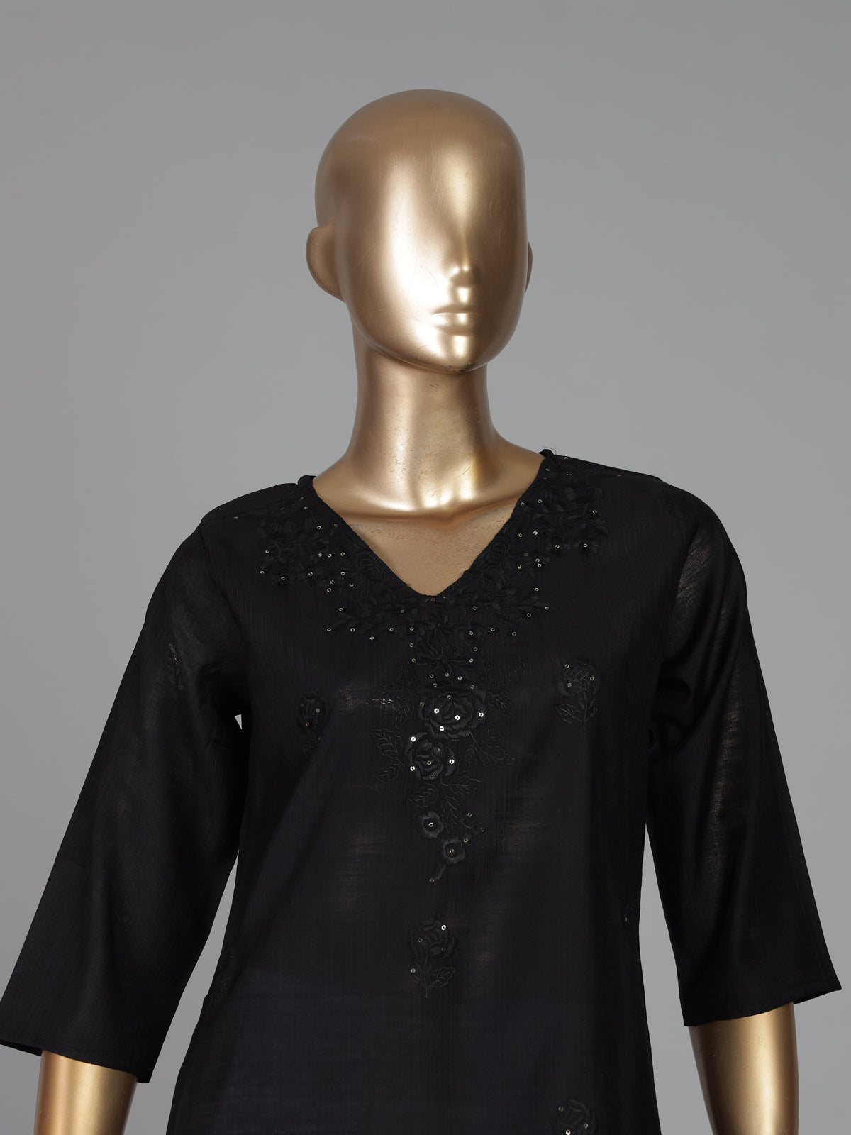 Black cotton silk embroidered work straight cut kurti