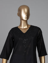 Black cotton silk embroidered work straight cut kurti