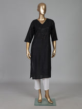 Black cotton silk embroidered work straight cut kurti