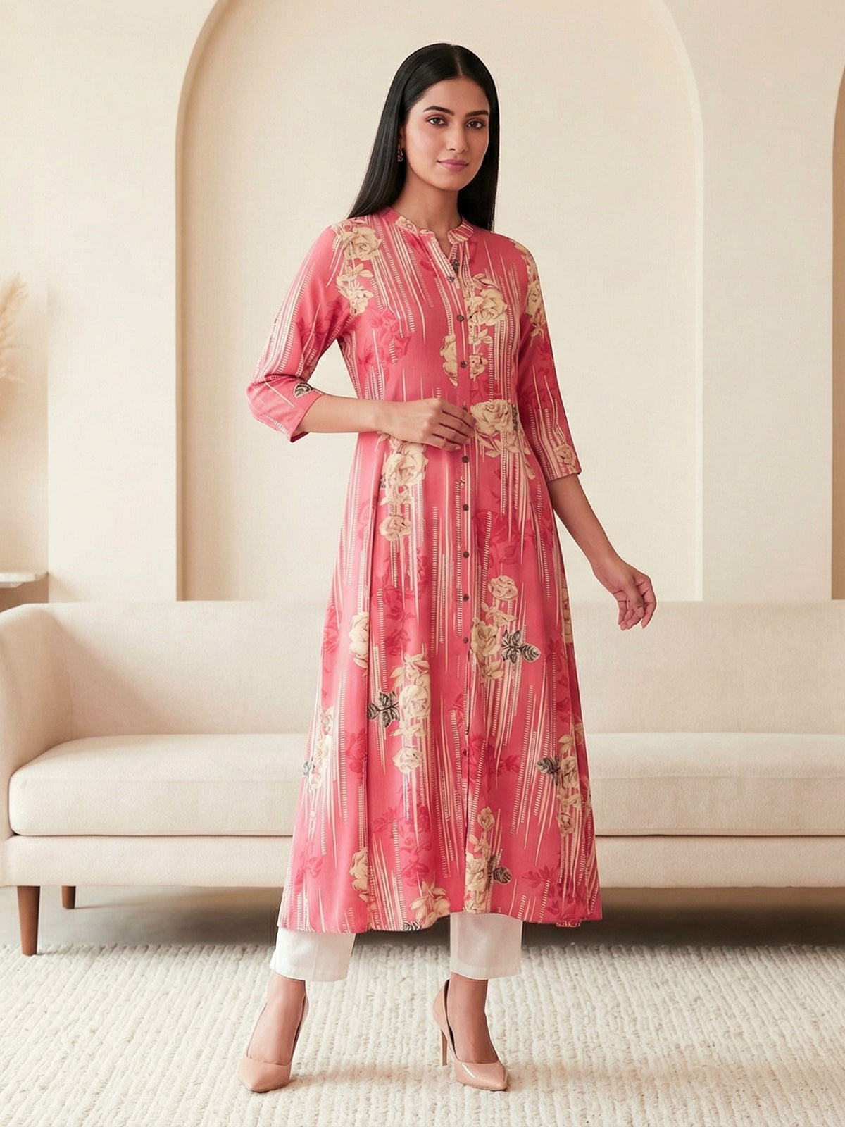 Pink silk floral printed casual wear kurti design