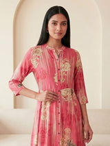 Pink silk floral printed casual wear kurti design