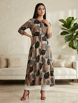 Beige silk printed casual stand collar kurti design