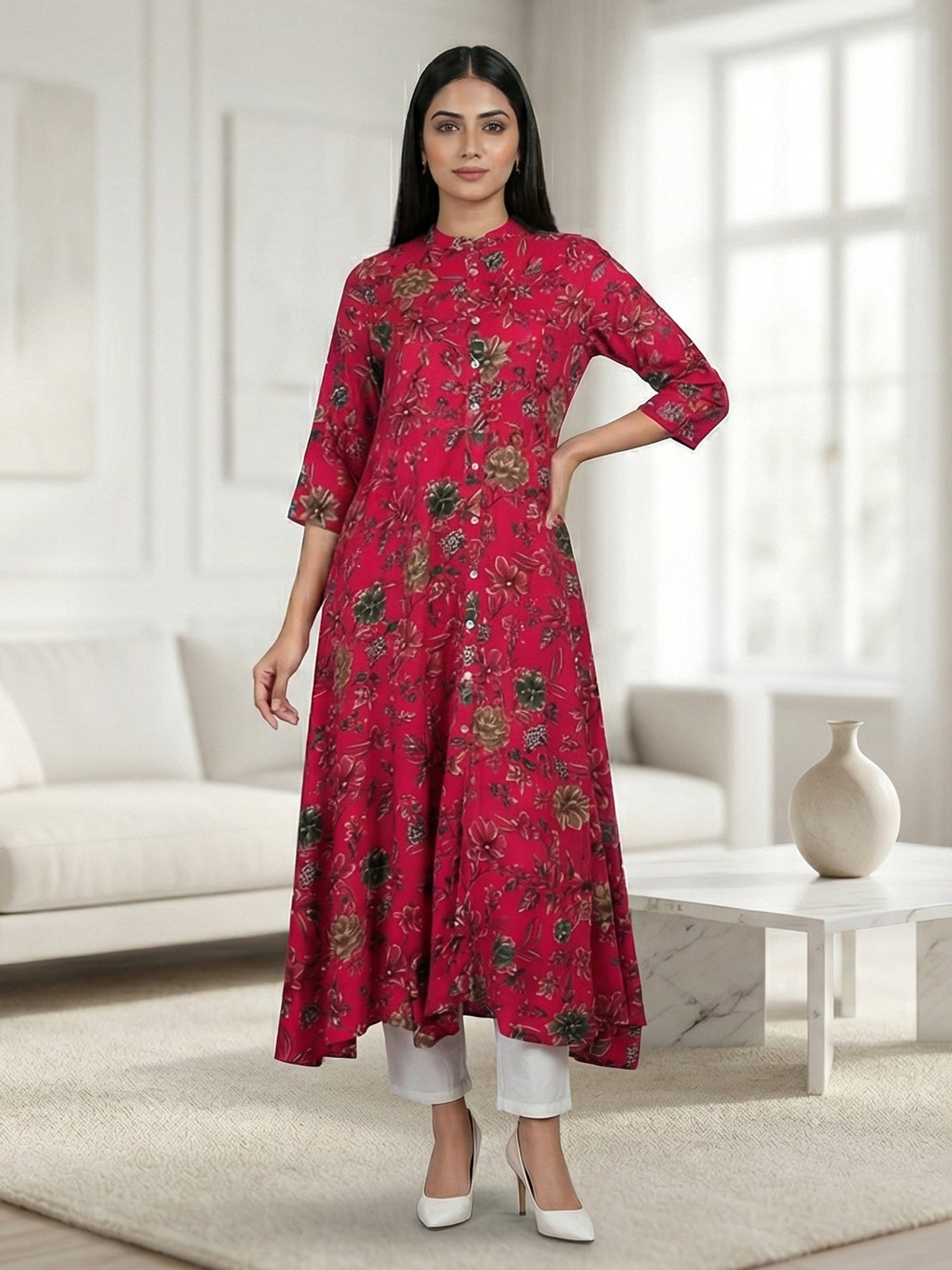 Magenta silk floral printed casual wear kurti style