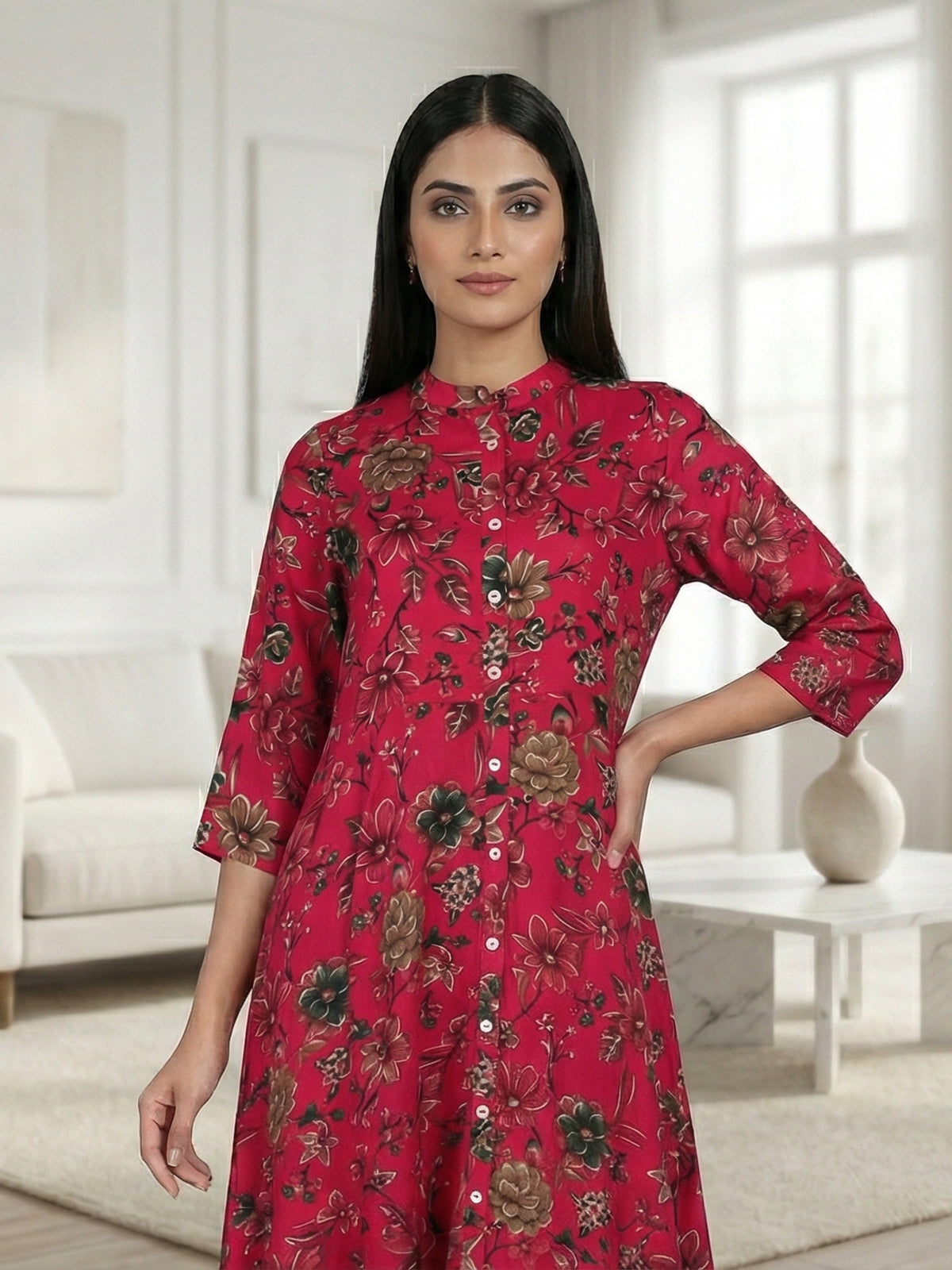Magenta silk floral printed casual wear kurti style