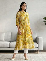 Mehendi yellow silk floral printed casual kurti design