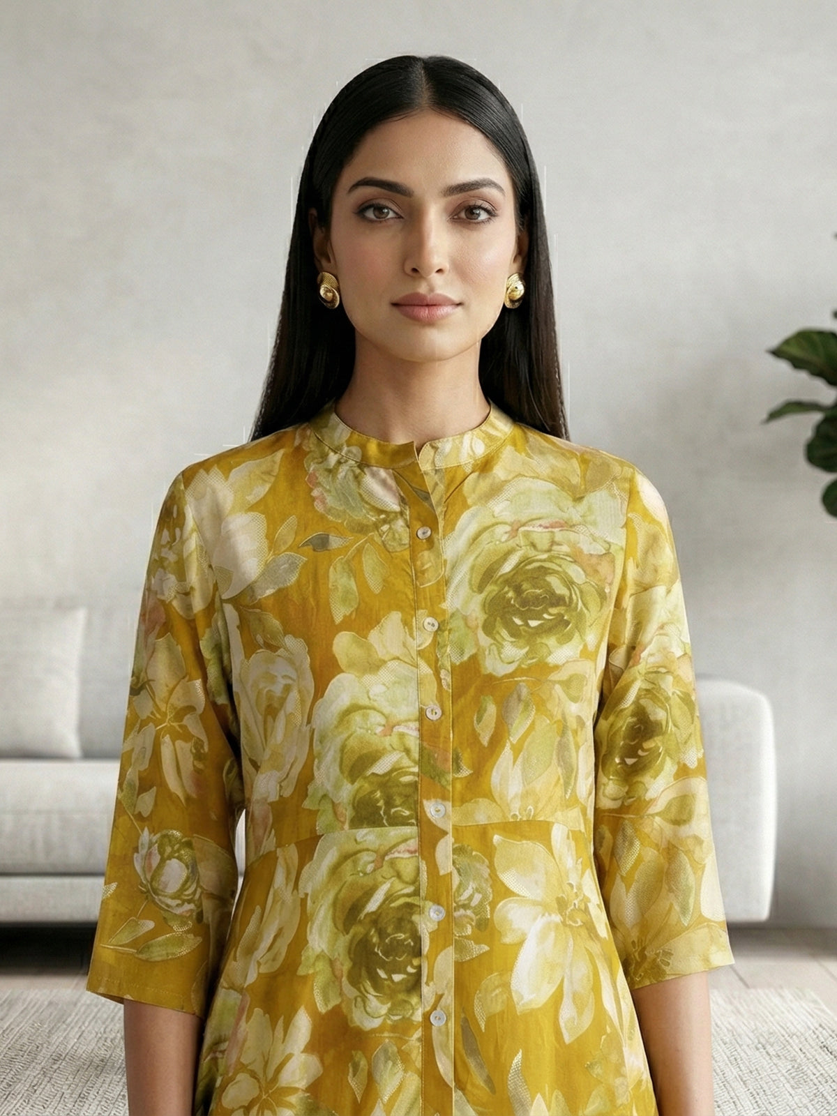 Mehendi yellow silk floral printed casual kurti design