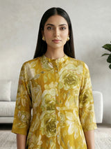 Mehendi yellow silk floral printed casual kurti design