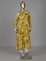 Mehendi yellow silk floral printed casual kurti design