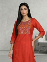 Orange cotton silk aabla thread yoke style kurti