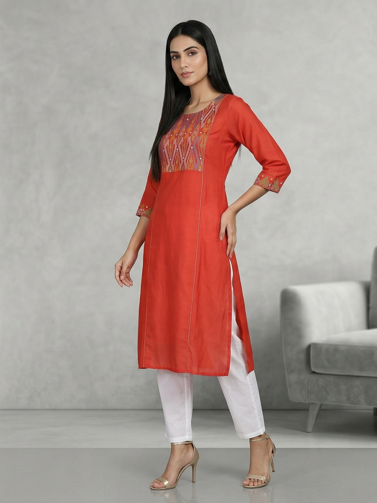 Orange cotton silk aabla thread yoke style kurti